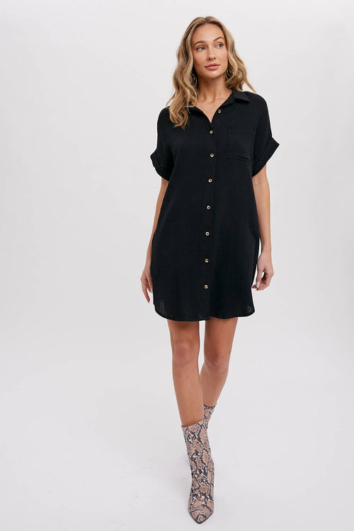 BUTTON UP SHIRT DRESS WITH POCKET