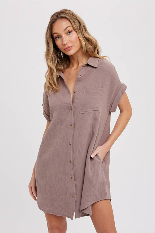 BUTTON UP SHIRT DRESS WITH POCKET