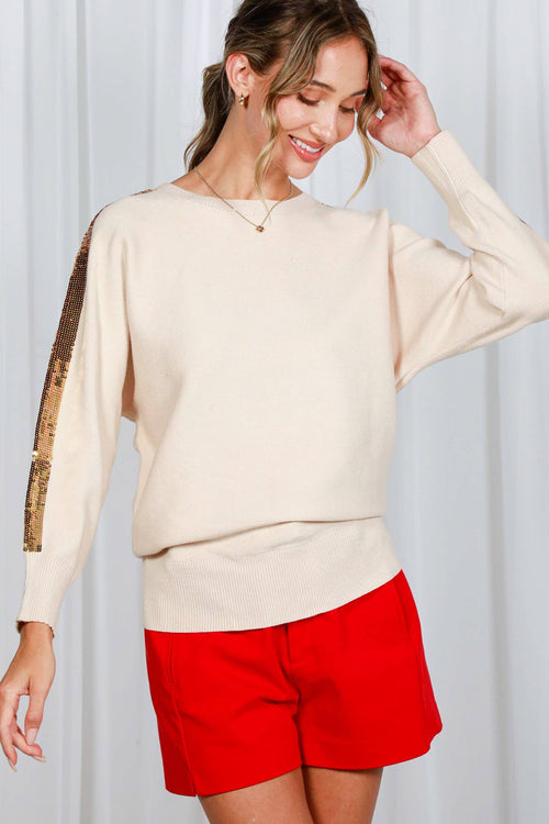 Sequin Sleeve Detail Crew Neck Dolman Knitted Sweater