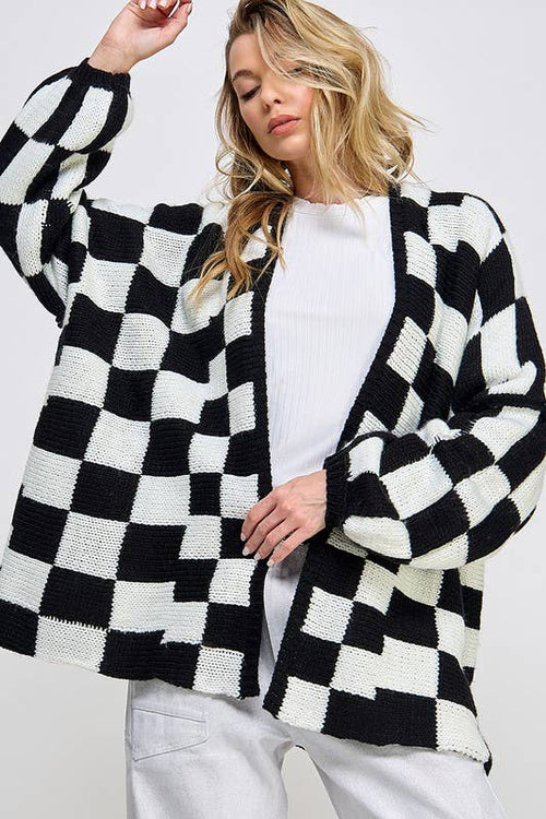 Checked Back and White Open Front Cardigan