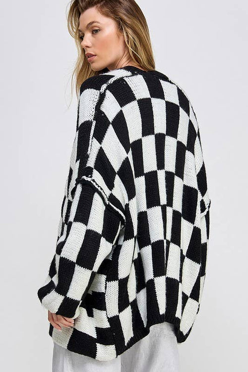 Checked Back and White Open Front Cardigan