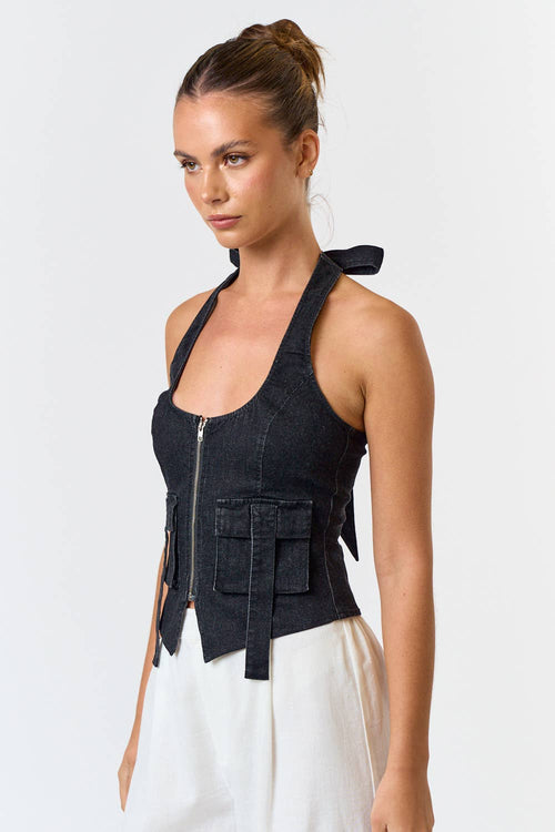 Black Denim Stretch Halter Top