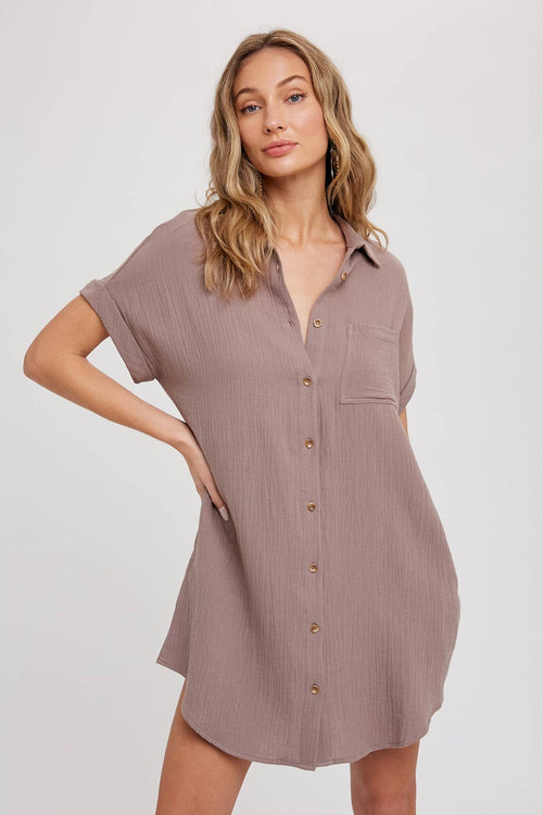 BUTTON UP SHIRT DRESS WITH POCKET