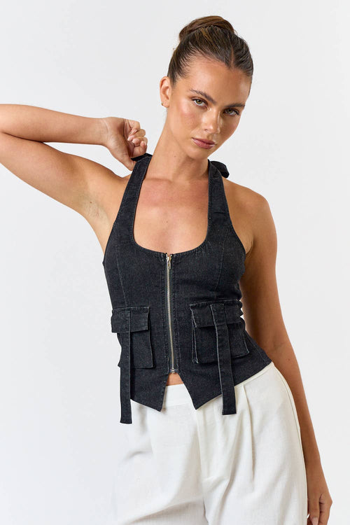 Black Denim Stretch Halter Top