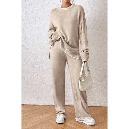 Knit Color Block Loose Edged Sweater And Pant Set