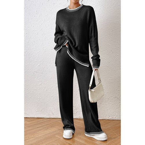 Knit Color Block Loose Edged Sweater And Pant Set