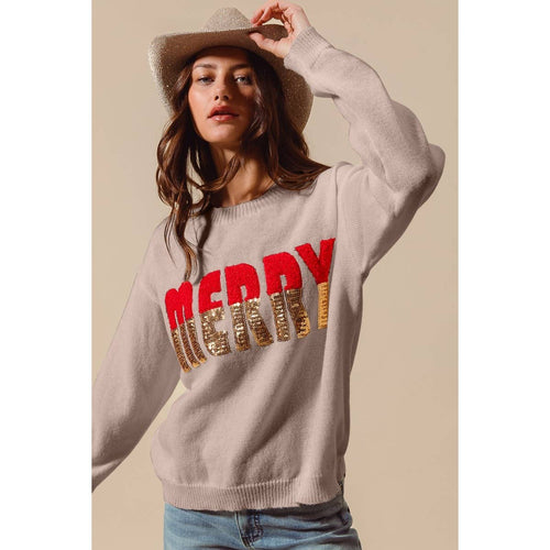 CONTRAST SEQUIN MERRY LETTERING CHRISTMAS SWEATER