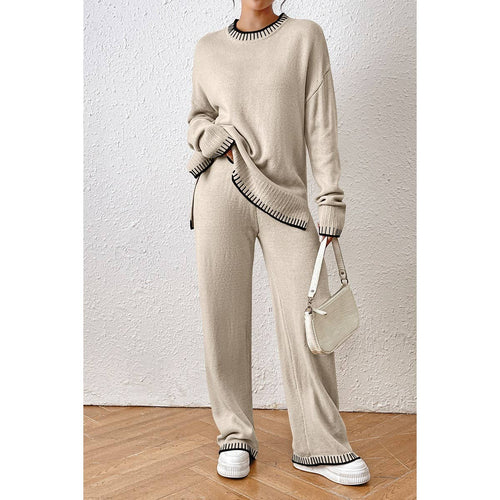 Knit Color Block Loose Edged Sweater And Pant Set