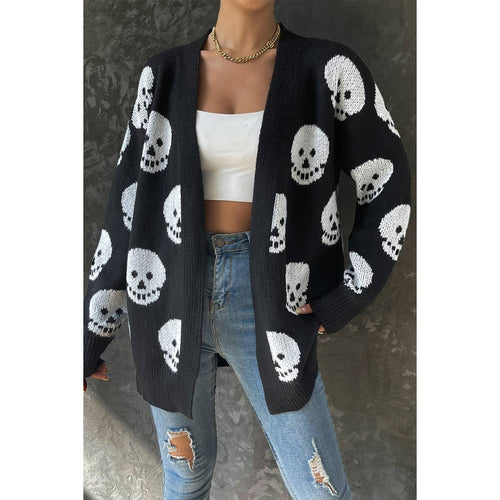 Skull Print Black Knit Cardigan