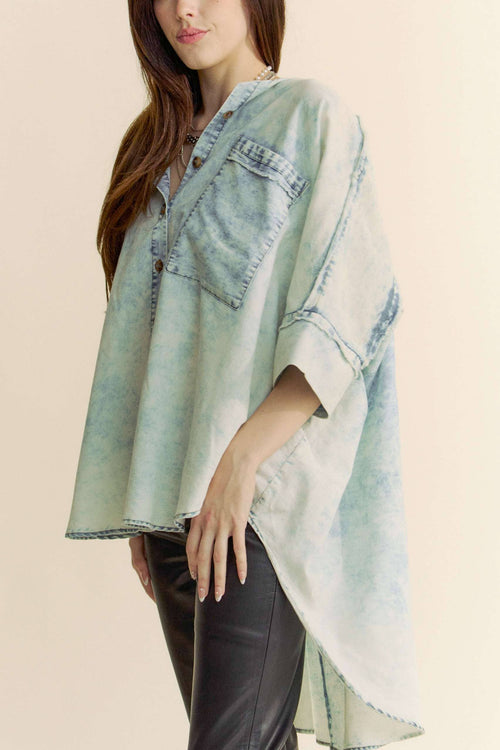 Washed Denim Fringe Hem Shirt