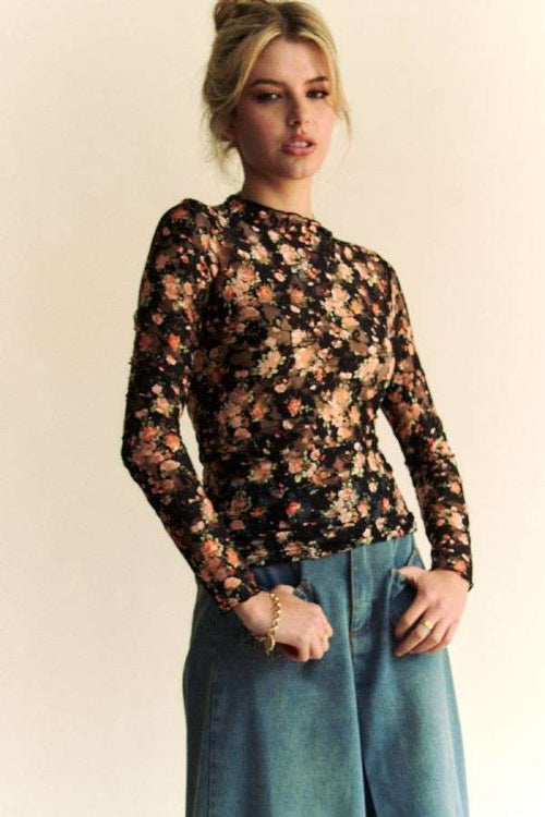 FLORAL PRINT MESH LONG SLEEVE LAYERING TOP