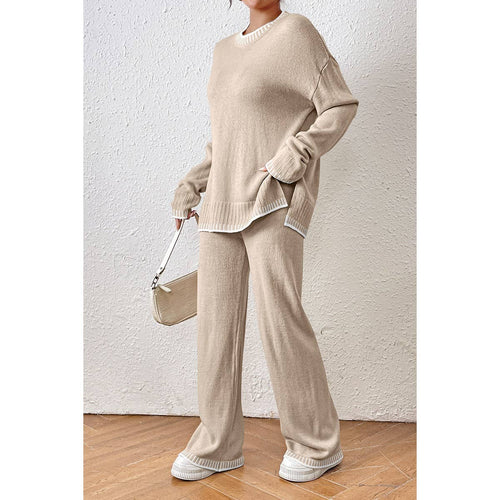 Knit Color Block Loose Edged Sweater And Pant Set