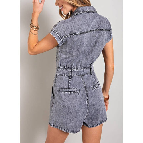 DENIM COLLARED BUTTON DOWN ROMPER