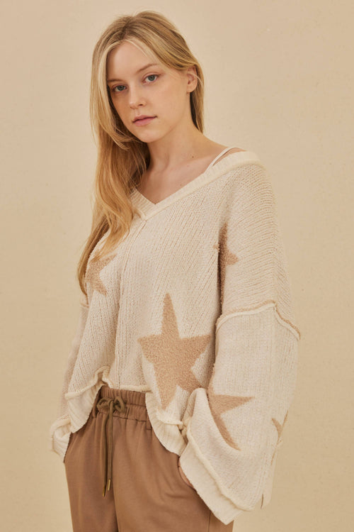 Wide V Neck Loose Fit Sweater with Star Printed