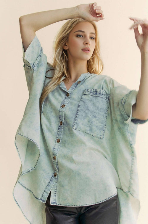 Washed Denim Fringe Hem Shirt