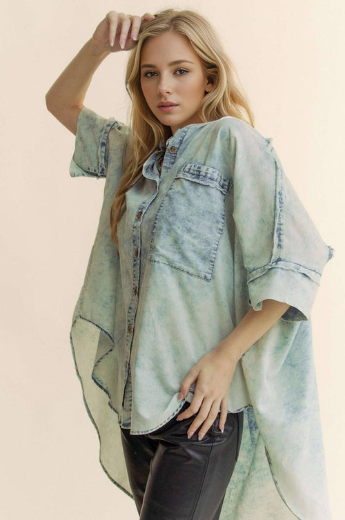 Washed Denim Fringe Hem Shirt