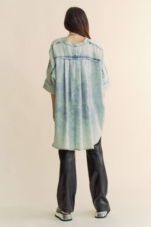 Washed Denim Fringe Hem Shirt