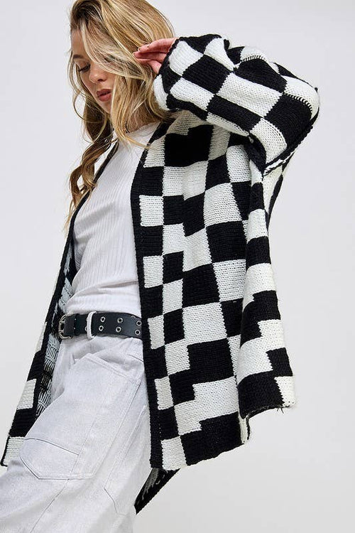 Checked Back and White Open Front Cardigan