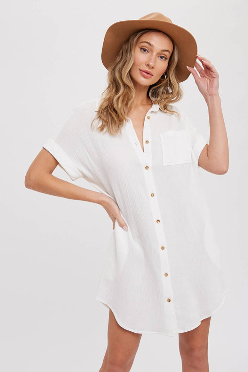 BUTTON UP SHIRT DRESS WITH POCKET