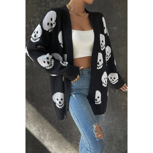 Skull Print Black Knit Cardigan