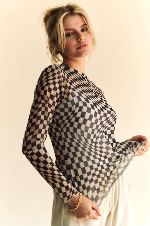 Black and White Checked Long Sleeve Sheer Top