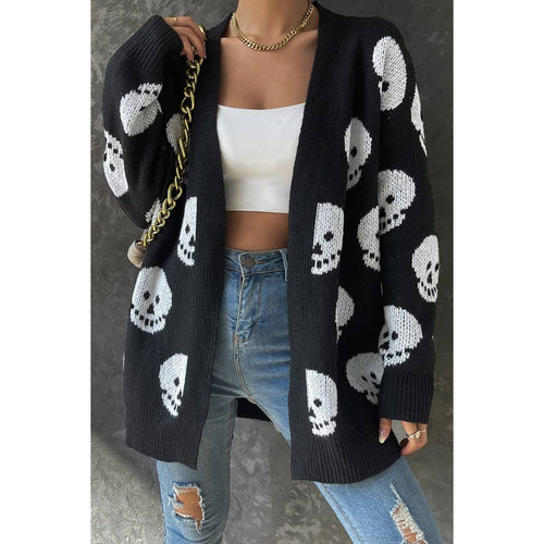 Skull Print Black Knit Cardigan