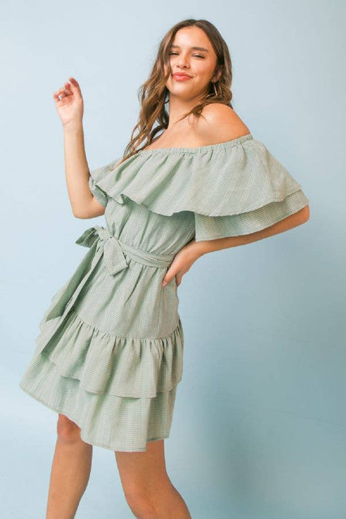 Sage Woven Off the Shoulder Dress