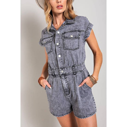 DENIM COLLARED BUTTON DOWN ROMPER