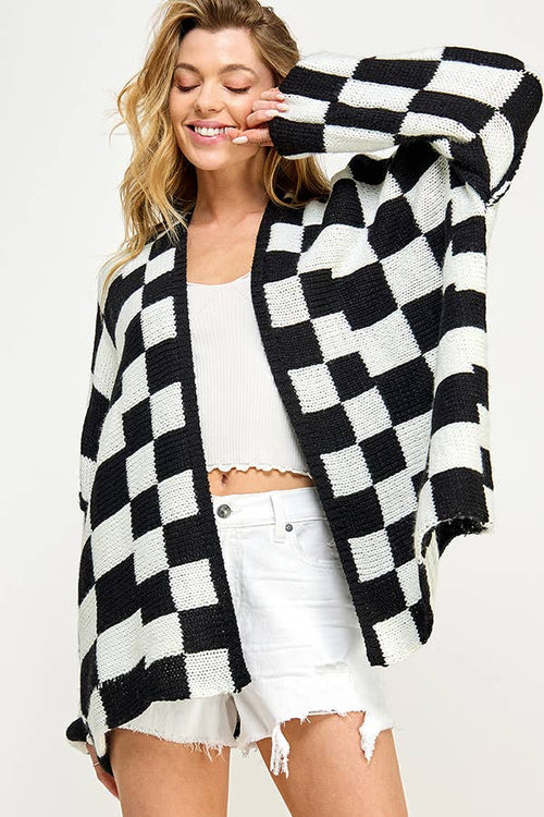 Checked Back and White Open Front Cardigan