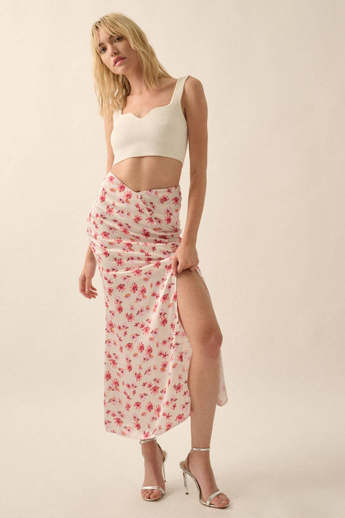 Floral Chiffon Curve Button-Front Maxi Skirt