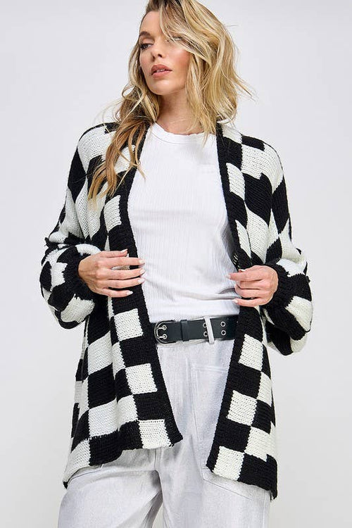 Checked Back and White Open Front Cardigan