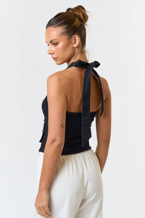 Black Denim Stretch Halter Top