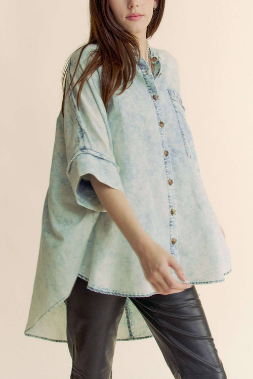 Washed Denim Fringe Hem Shirt