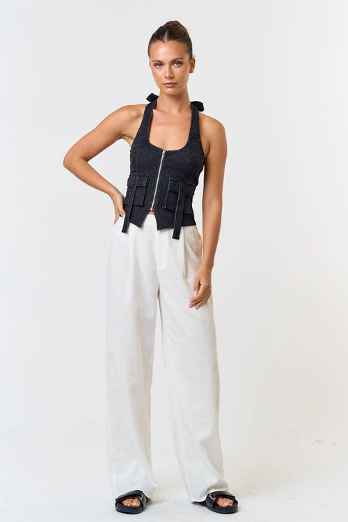 Black Denim Stretch Halter Top