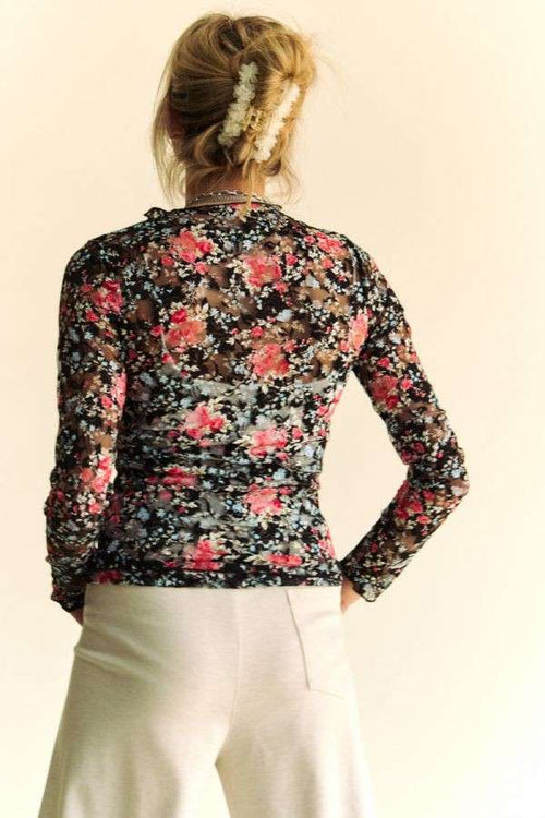 FLORAL PRINT MESH LONG SLEEVE LAYERING TOP