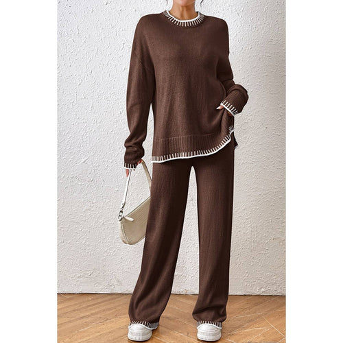 Knit Color Block Loose Edged Sweater And Pant Set