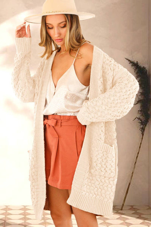 Open Front Patch Pocket Textured Knitted Cardigan