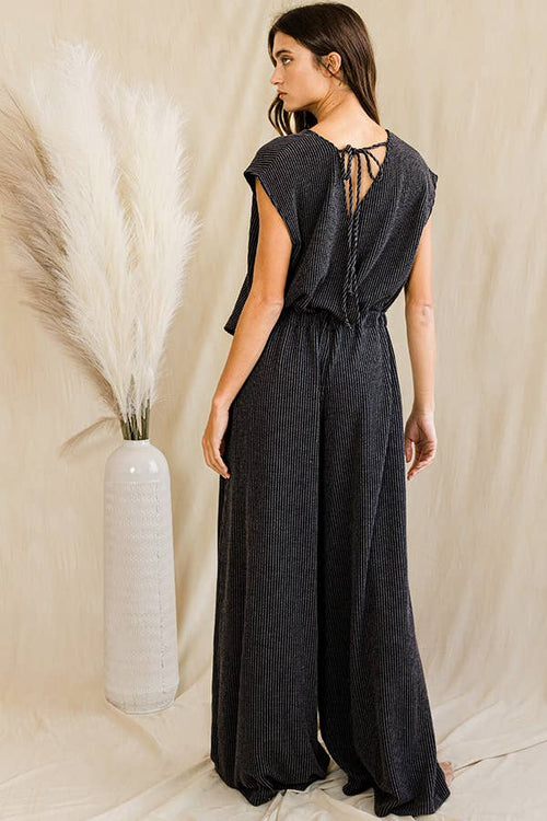 Open Front Wide Leg Textured Jumpsuit