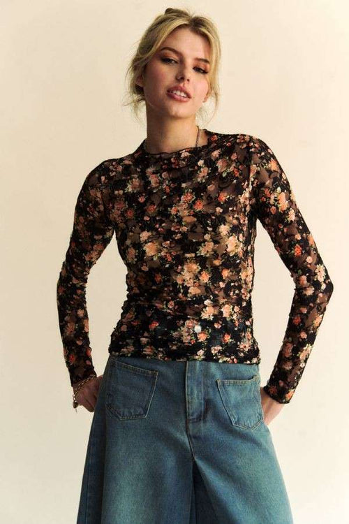 FLORAL PRINT MESH LONG SLEEVE LAYERING TOP