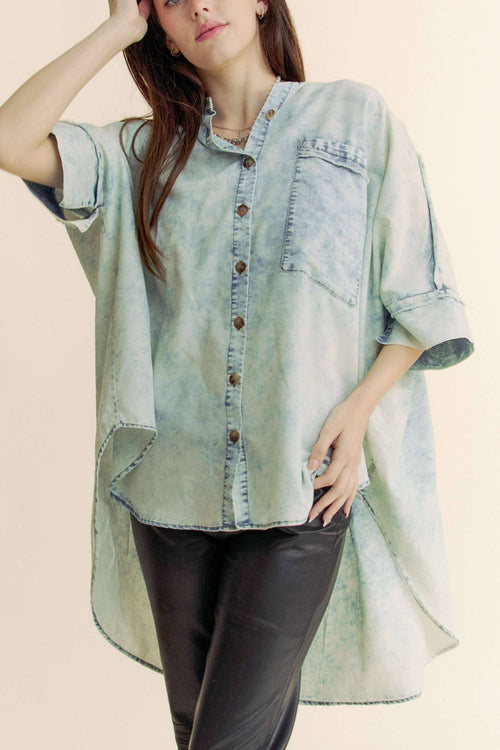 Washed Denim Fringe Hem Shirt