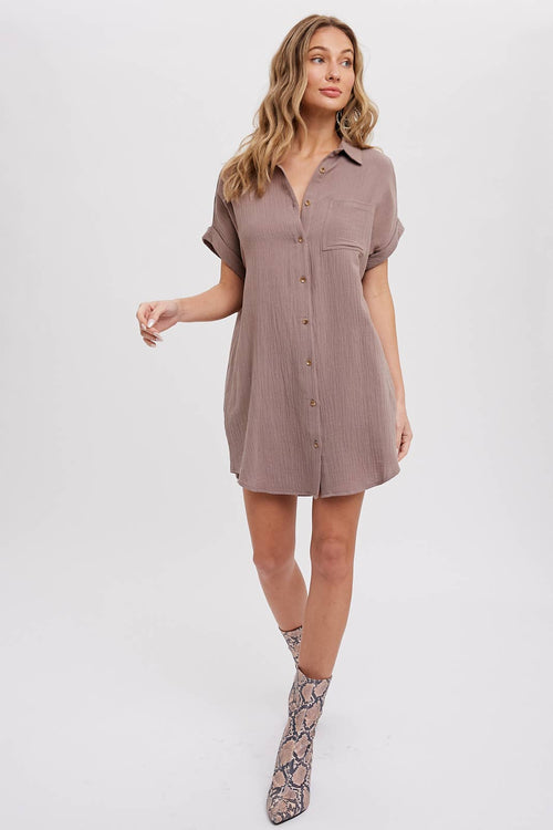 BUTTON UP SHIRT DRESS WITH POCKET