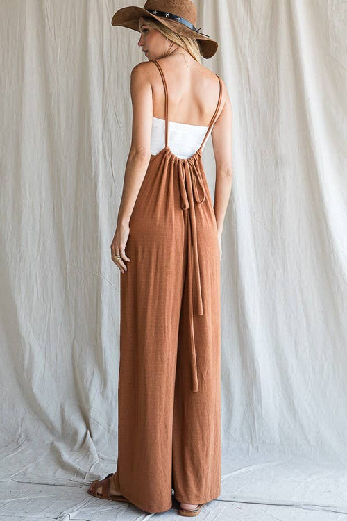 Wide Leg Solid Textured Knit Suspender Pants