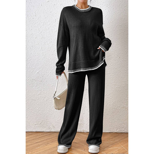 Knit Color Block Loose Edged Sweater And Pant Set