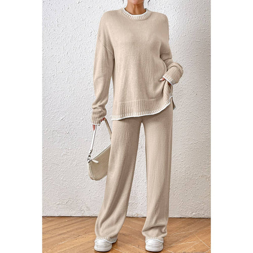 Knit Color Block Loose Edged Sweater And Pant Set