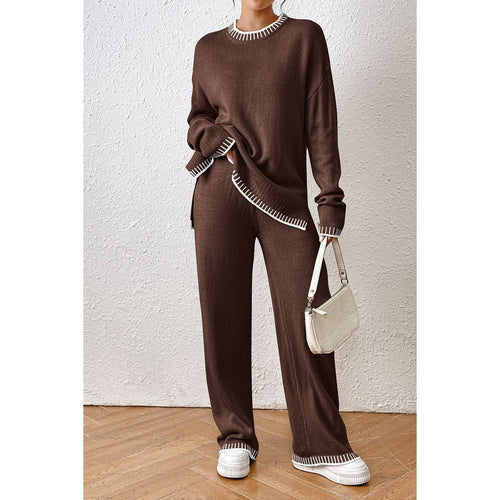 Knit Color Block Loose Edged Sweater And Pant Set