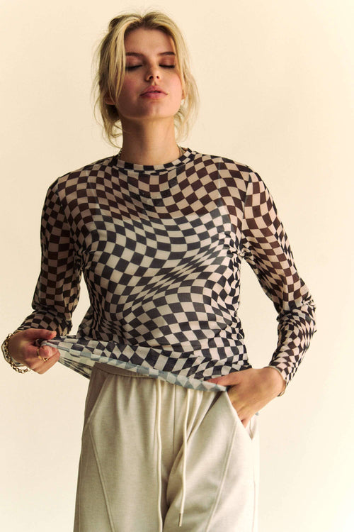 Black and White Checked Long Sleeve Sheer Top