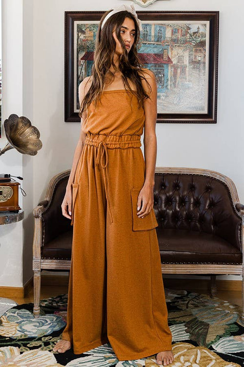 Camel Drawstring waist Strapless Jumpsuit