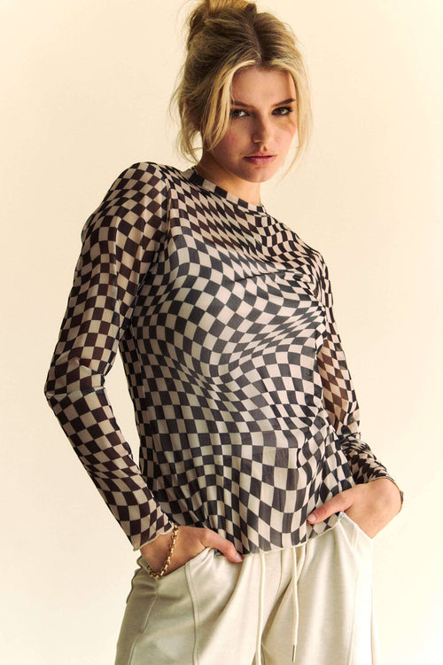 Black and White Checked Long Sleeve Sheer Top