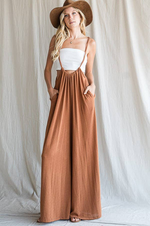 Wide Leg Solid Textured Knit Suspender Pants