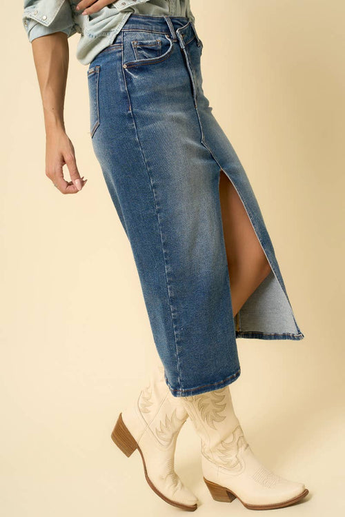 DENIM CROSSOVER MIDI SKIRT